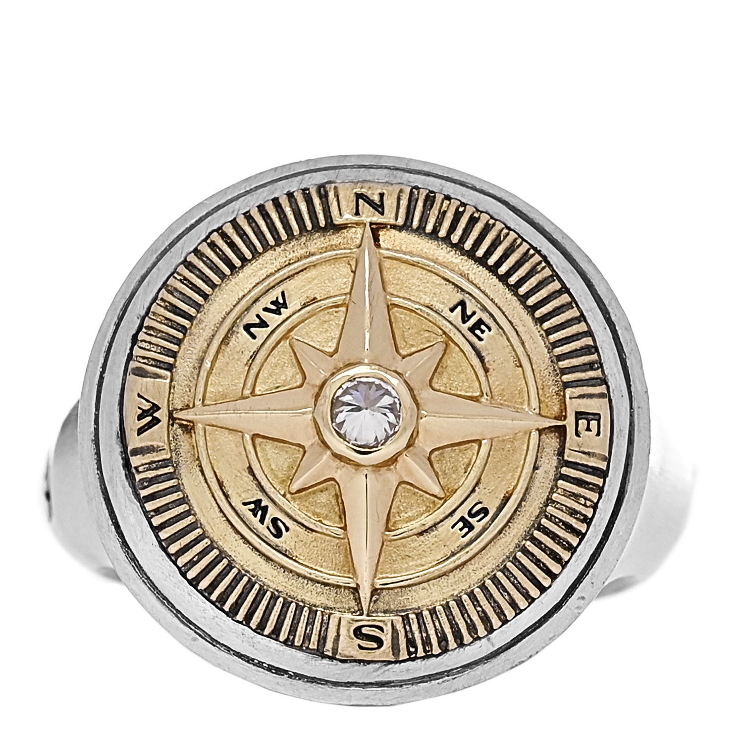 David Yurman Sterling Silver 18K Yellow Gold Diamond Maritime Compass Signet Ring 54 6.75 1 of 6