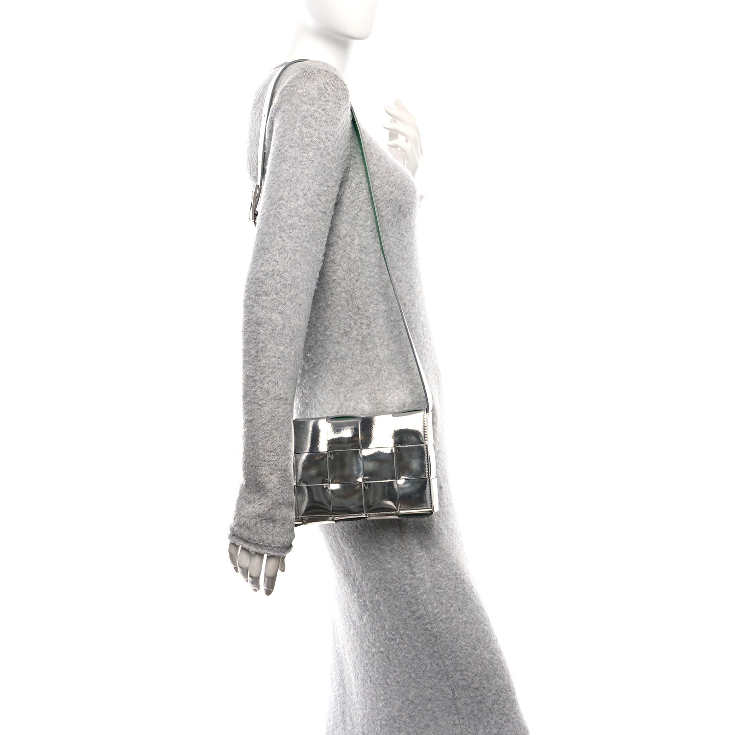 Bottega Veneta Metallic Patent Calfskin Maxi Intrecciato Cassette Crossbody Bag Silver 2 of 9