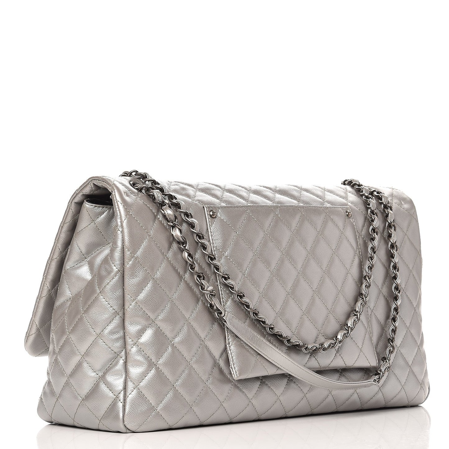 Metallic Caviar Quilted XXL Travel Flap Bag Silver