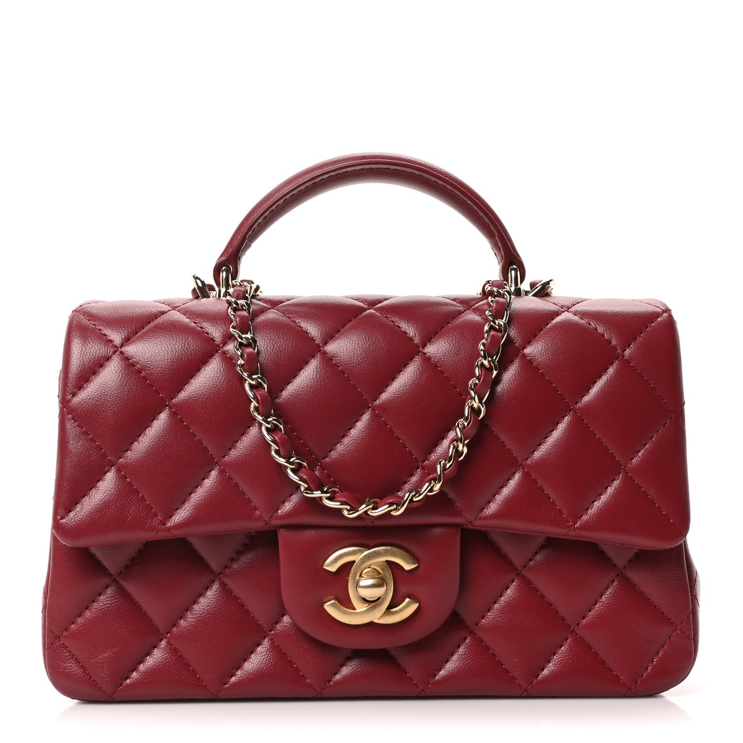 Lambskin Quilted Mini Top Handle Rectangular Flap Burgundy