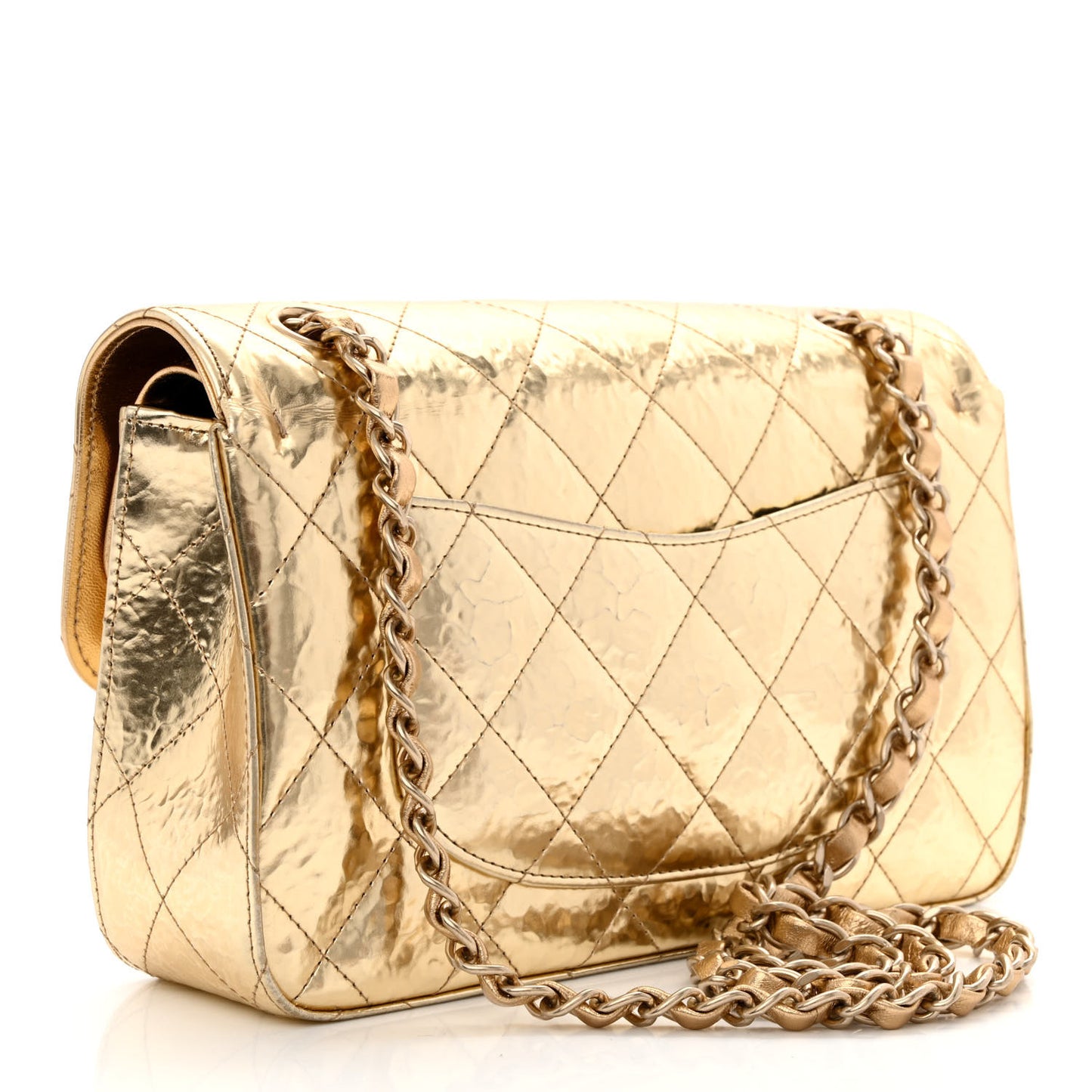 Hammered Metallic Calfskin Quilted Small Double Flap Gold