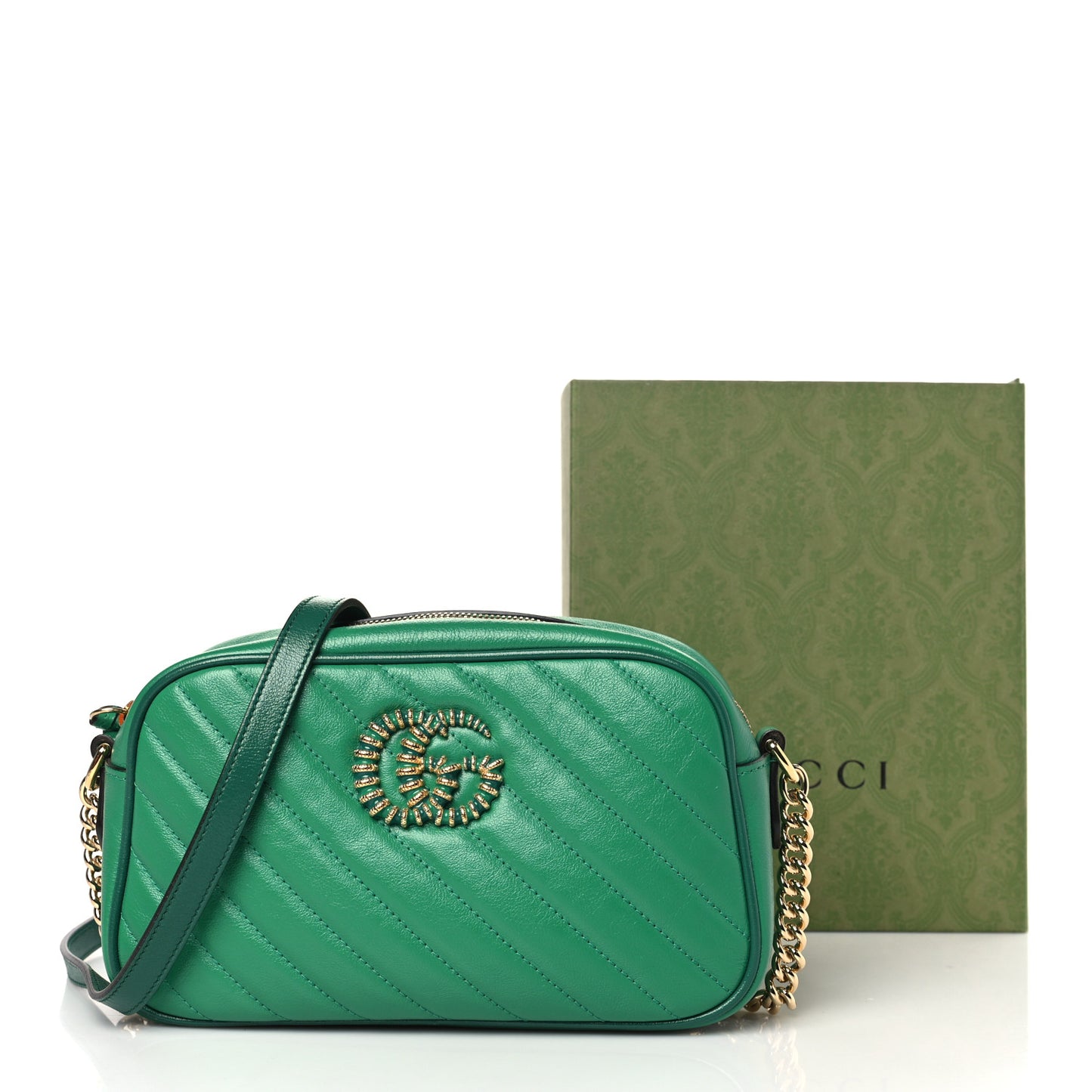 Azalea Calfskin Enamel Matelasse Diagonal Small Torchon GG Marmont Chain Shoulder Bag New Shamarock Emerald