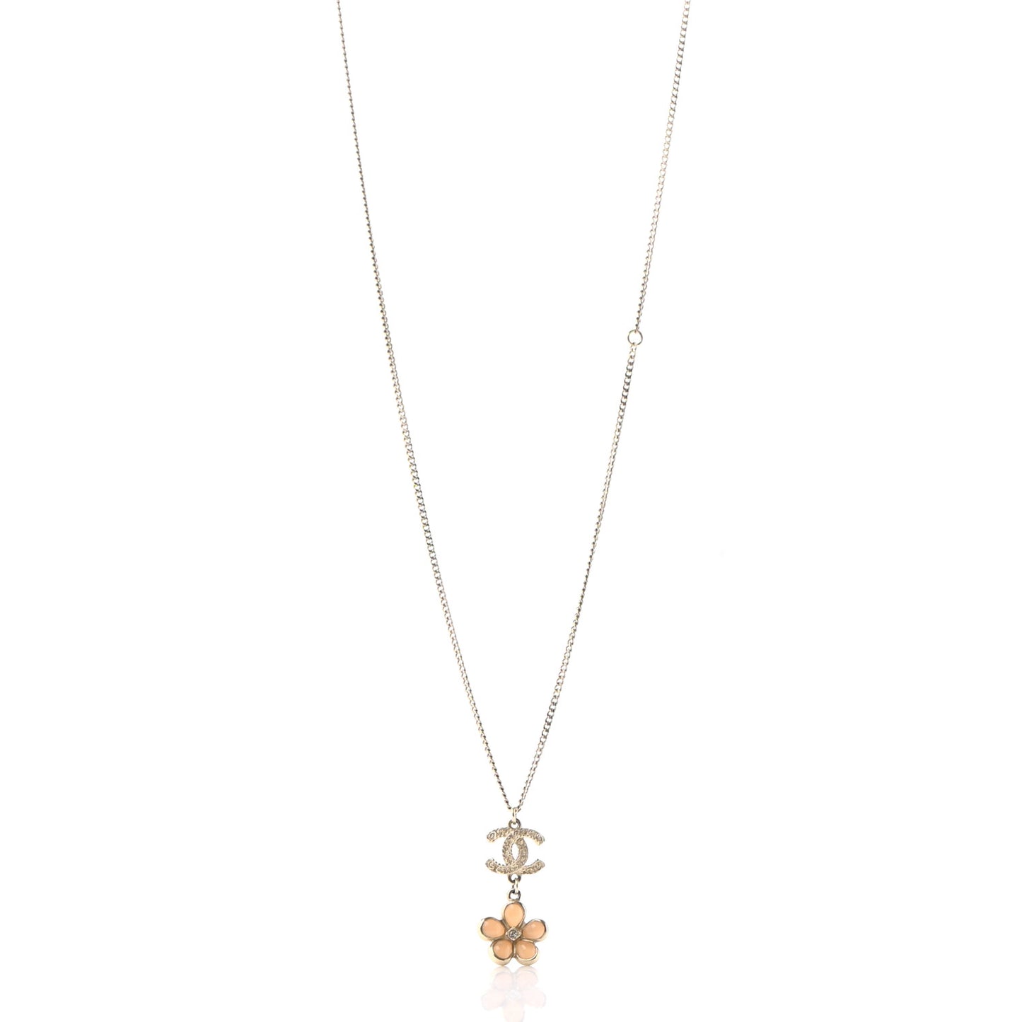 Enamel Crystal CC Camellia Pendant Necklace Beige Gold