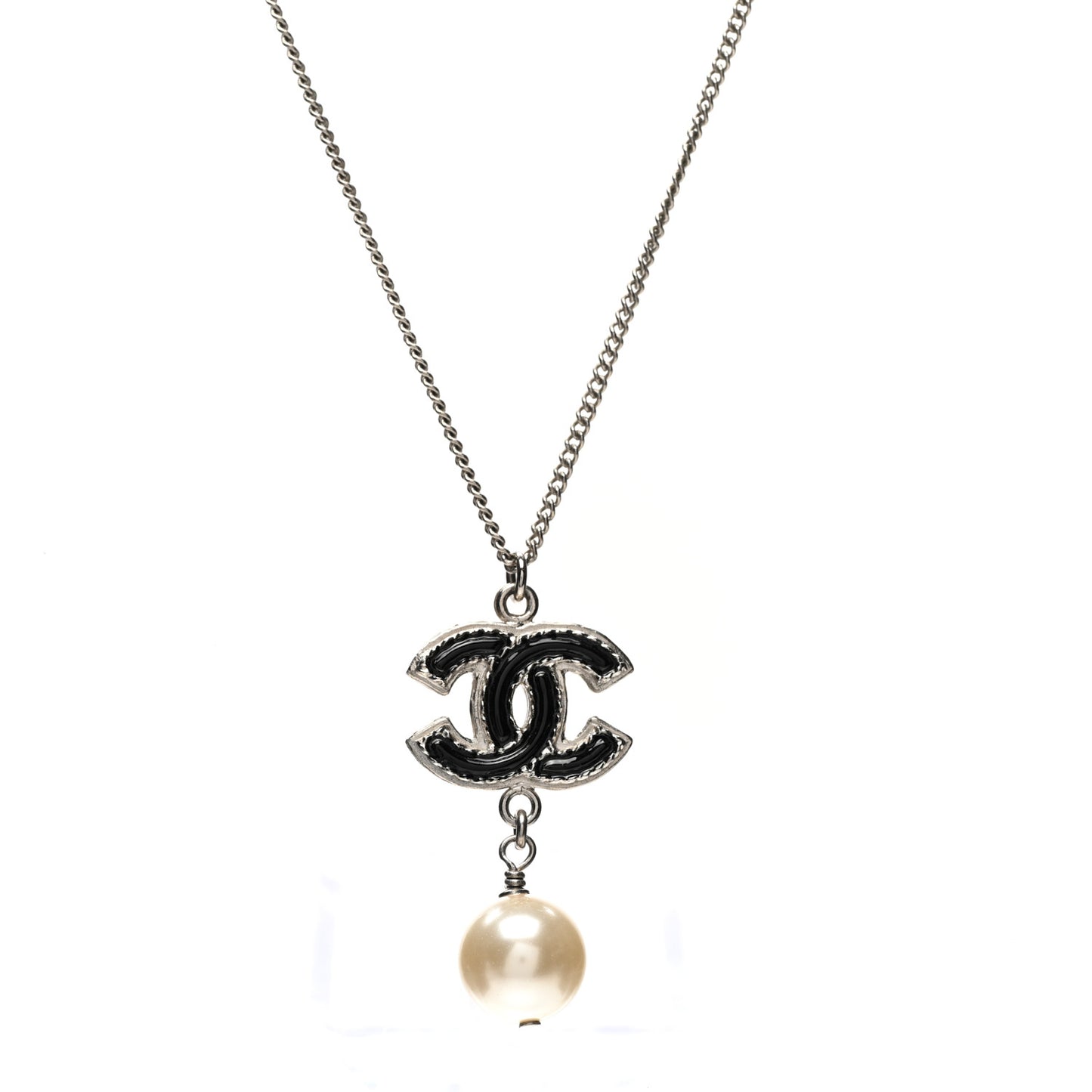 Enamel CC Pearl Drop Necklace Black Silver