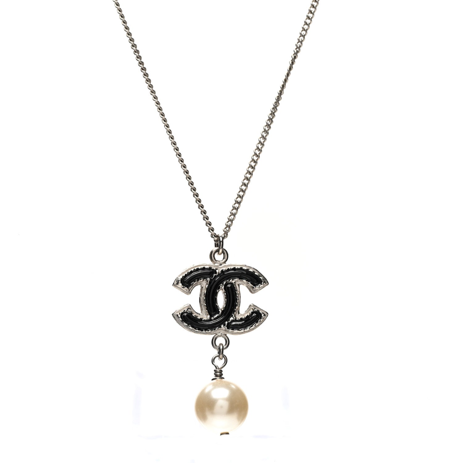 Chanel Enamel CC Pearl Drop Necklace Black Silver 1 of 5