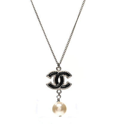 Chanel Enamel CC Pearl Drop Necklace Black Silver 1 of 5