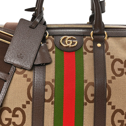 Gucci Monogram Jumbo GG Textured Dollar Calfskin Web Medium Duffle Bag Camel Ebony 7 of 9