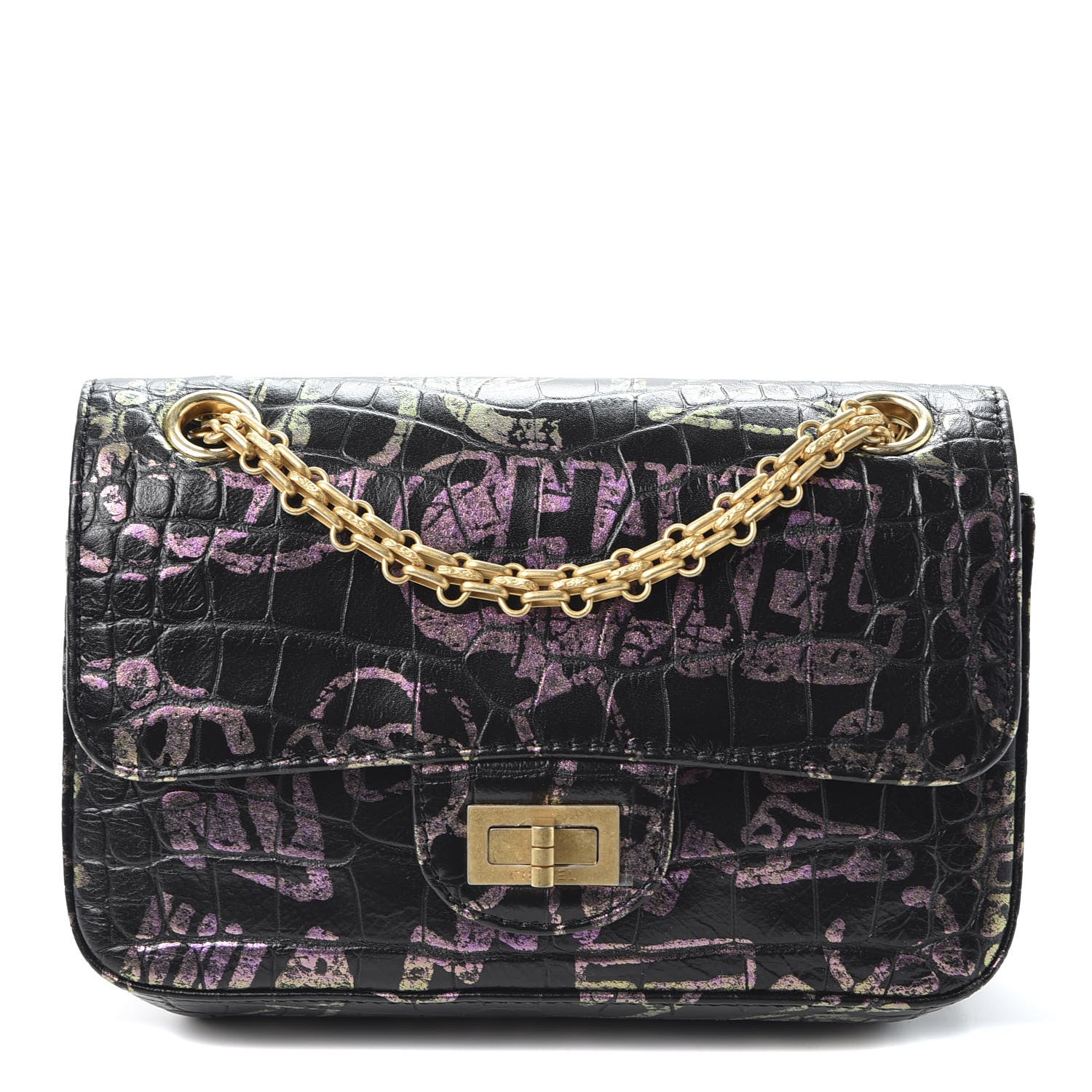 Chanel Calfskin Crocodile Embossed Graffiti 2.55 Mini Cocodile Reissue Flap Black Pink 1 of 9