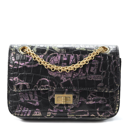 Chanel Calfskin Crocodile Embossed Graffiti 2.55 Mini Cocodile Reissue Flap Black Pink 1 of 9