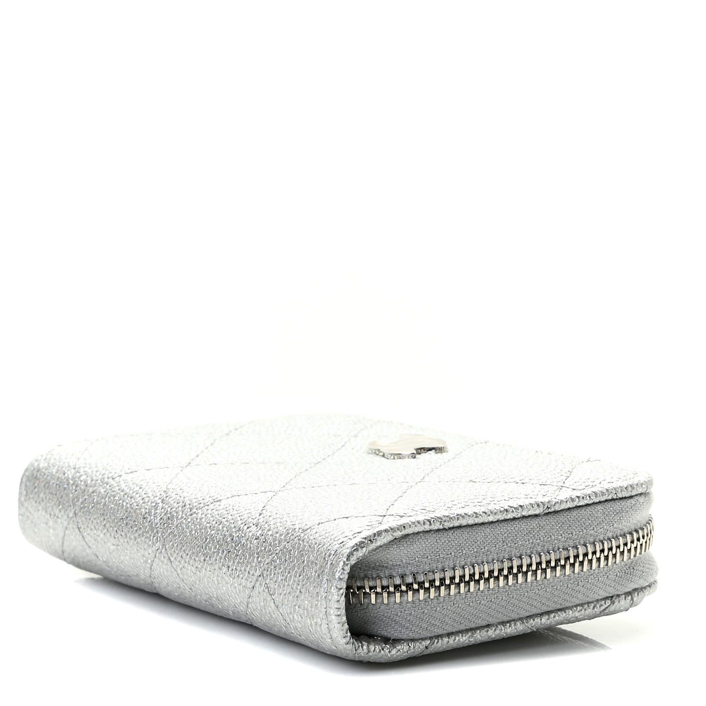 Glittered Metallic Caviar Quilted Zip Coin Purse Wallet Silver