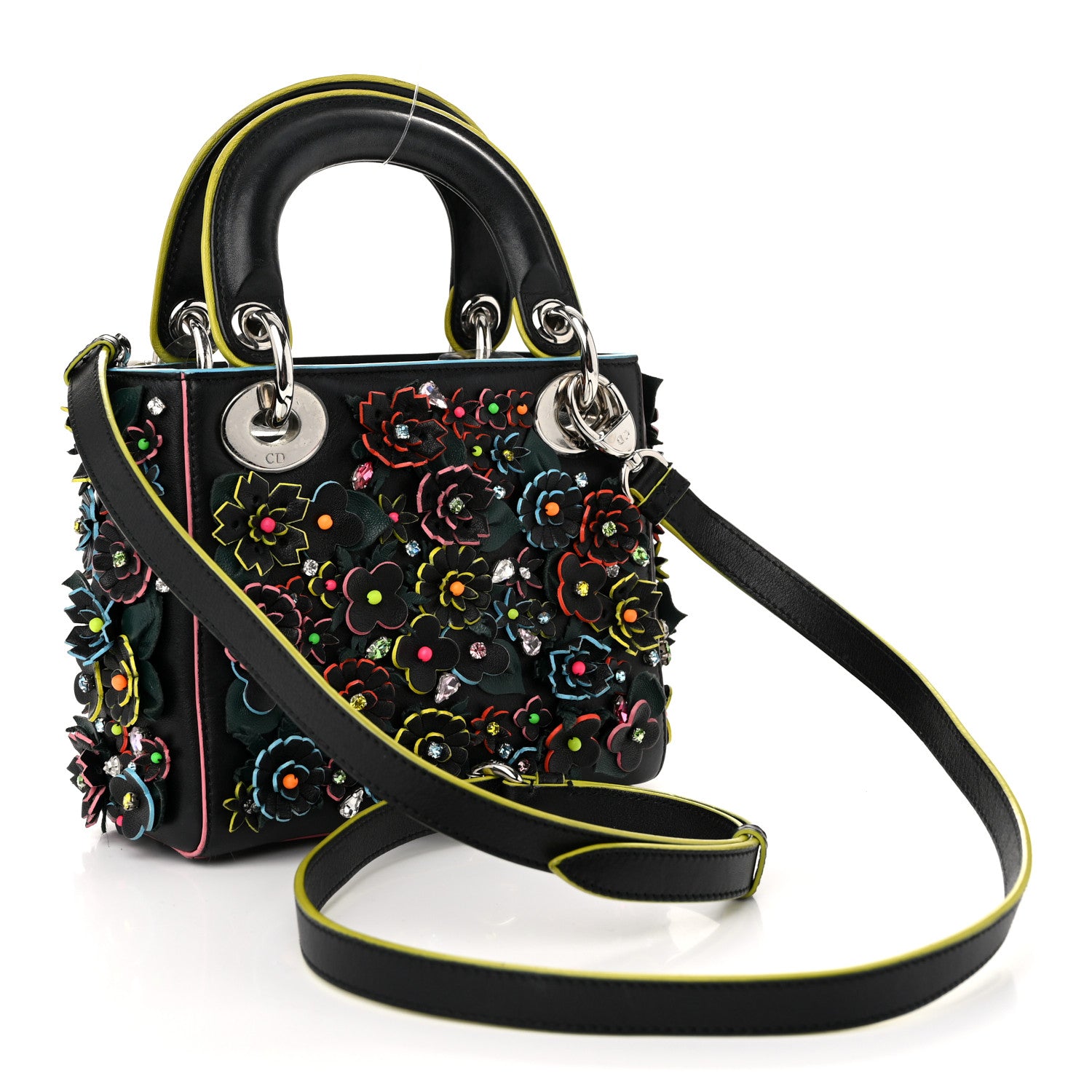Christian Dior Lambskin Satin Sequin Floral Mini Lady Dior Black 3 of 11