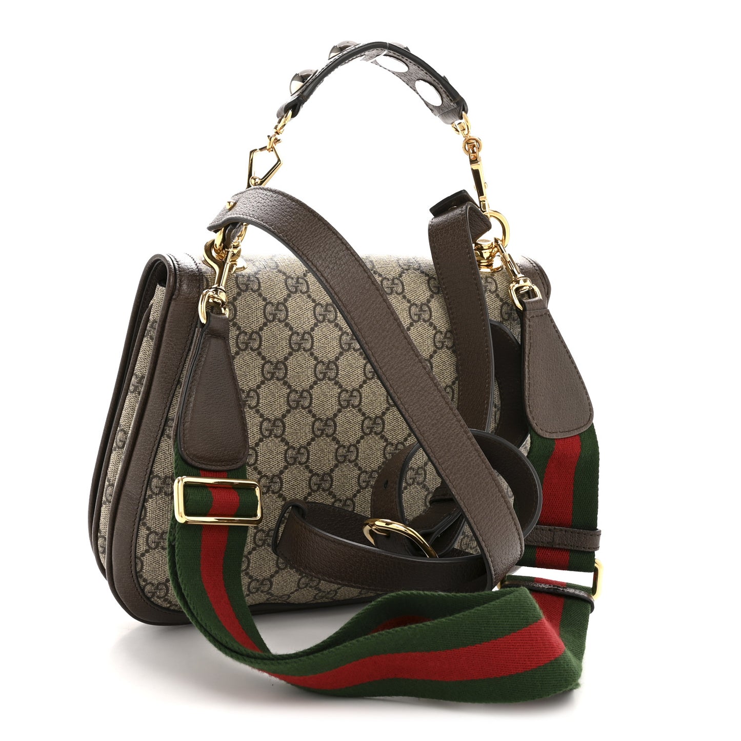 GG Supreme Monogram Textured Dollar Calfskin Web Medium Blondie Top Handle Shoulder Flap Bag Beige Ebony New Acero
