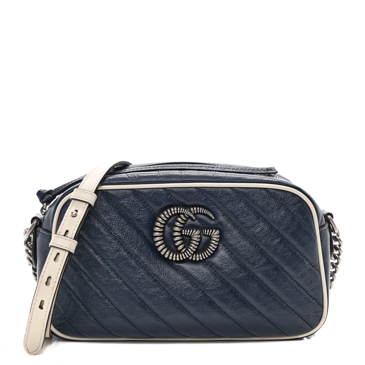 Gucci Vintage Effect Calfskin Matelasse Diagonal Small Torchon GG Marmont Chain Shoulder Bag Blue Agata Mystic White 1 of 9