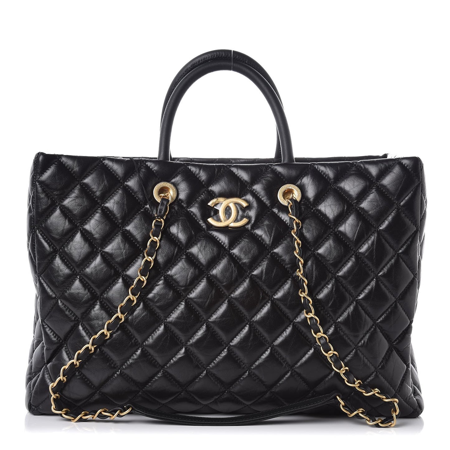 Aged Calfskin Quilted Large Coco Handle Shopping Tote Black