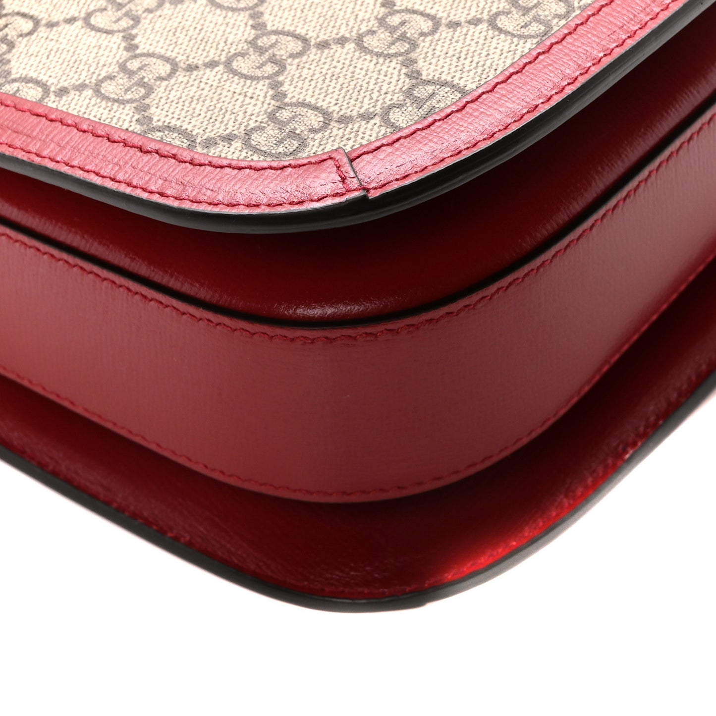 GG Supreme Monogram Azalea Calfskin Horsebit 1955 Shoulder Bag Beige Ebony New Cherry Red
