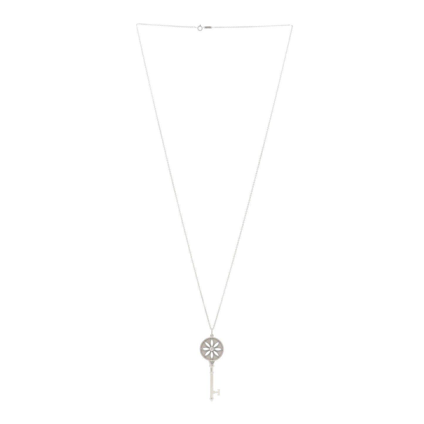 Sterling Silver Diamond Large Daisy Key Pendant Link Necklace