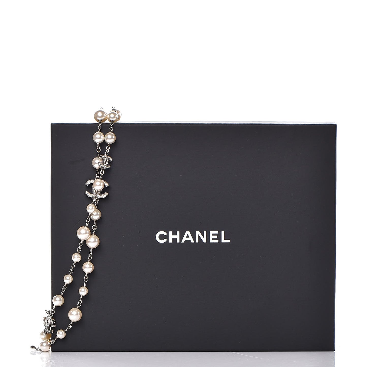 Crystal Pearl CC Long Necklace Silver