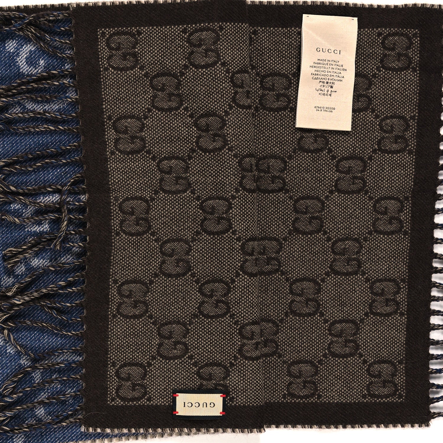 Gucci Wool Jacquard GG Monogram Scarf Navy Brown 3 of 3