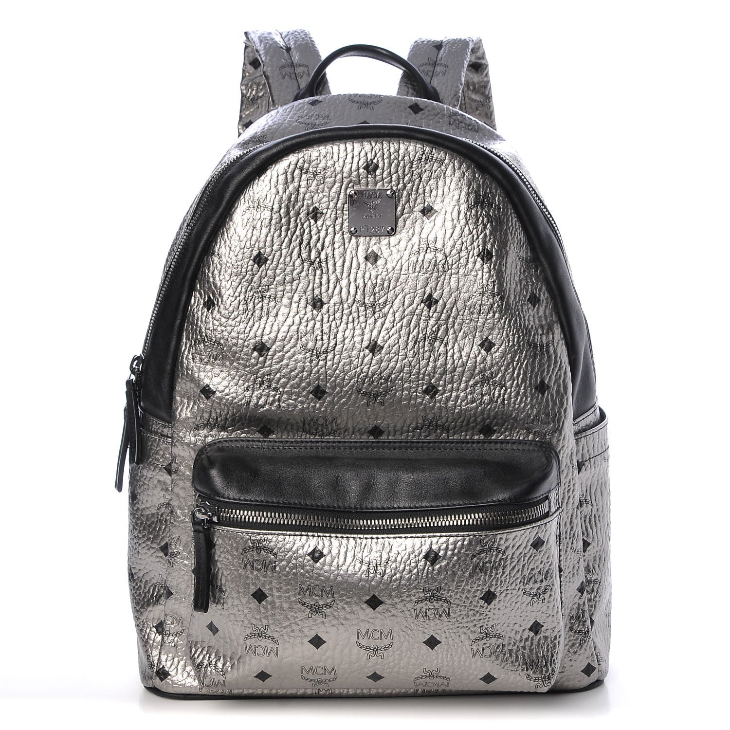 MCM Metallic Visetos Medium Stark Backpack Silver Black 1 of 12