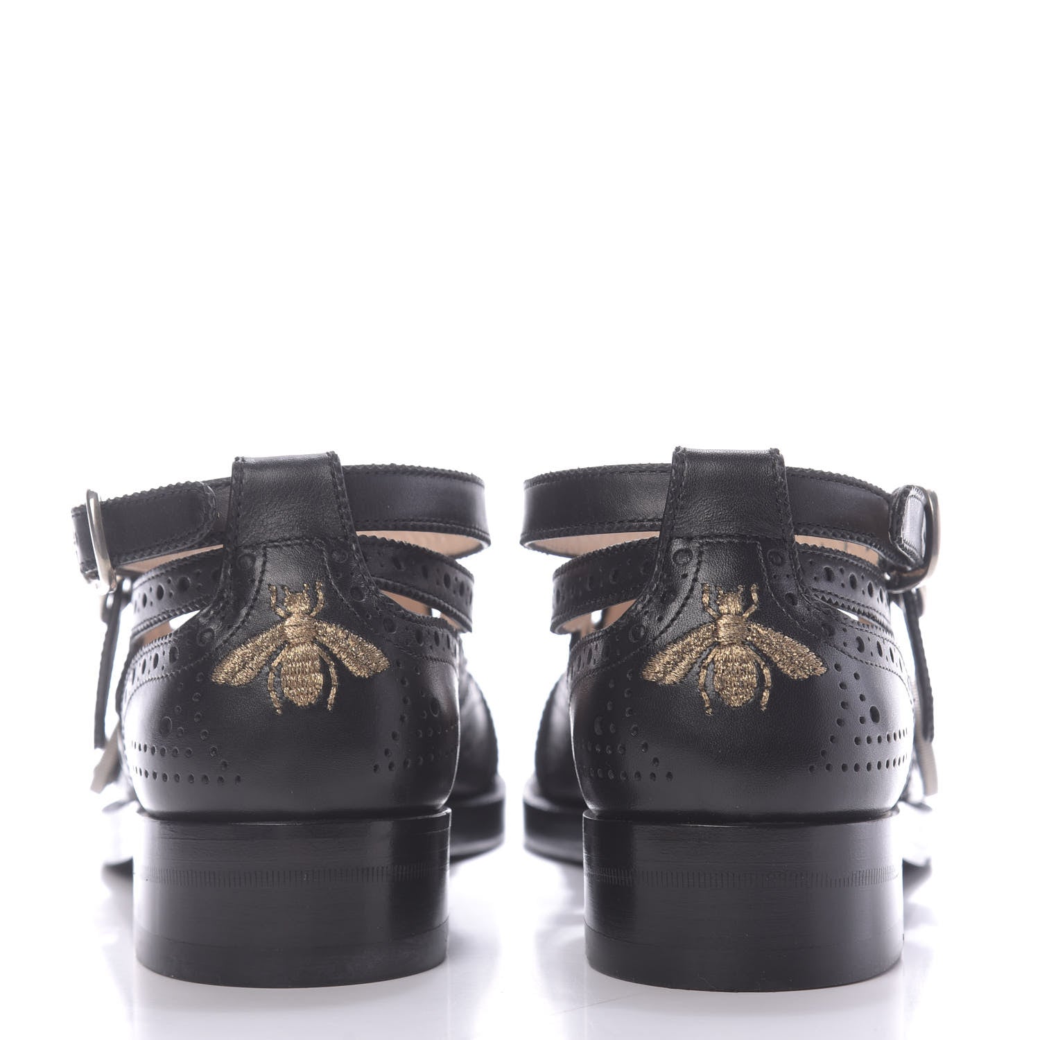 Gucci Calfskin Bee Embroidered Womens Queercore Brogue Wingtip Monk Strap Loafers 37.5 Black 5 of 10