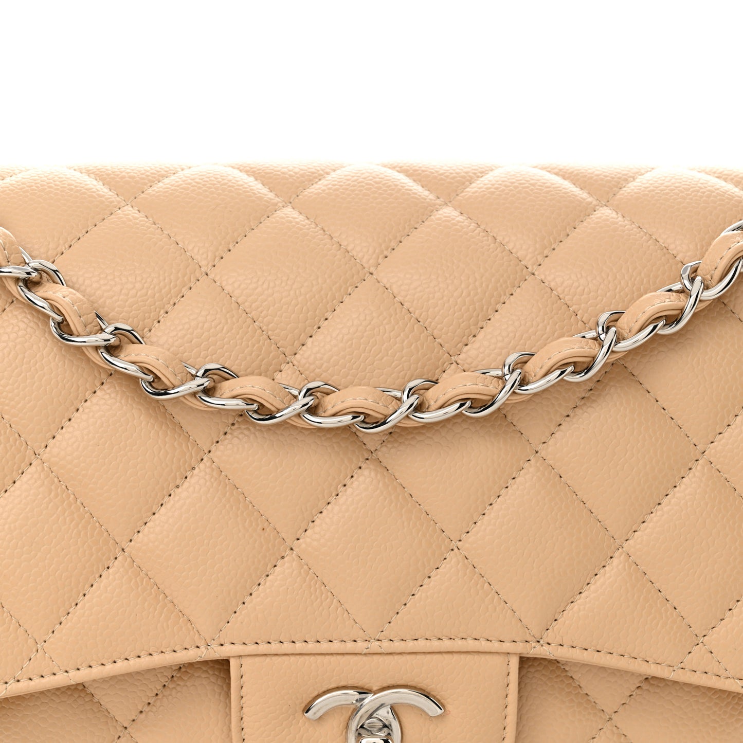 Caviar Quilted Jumbo Double Flap Beige
