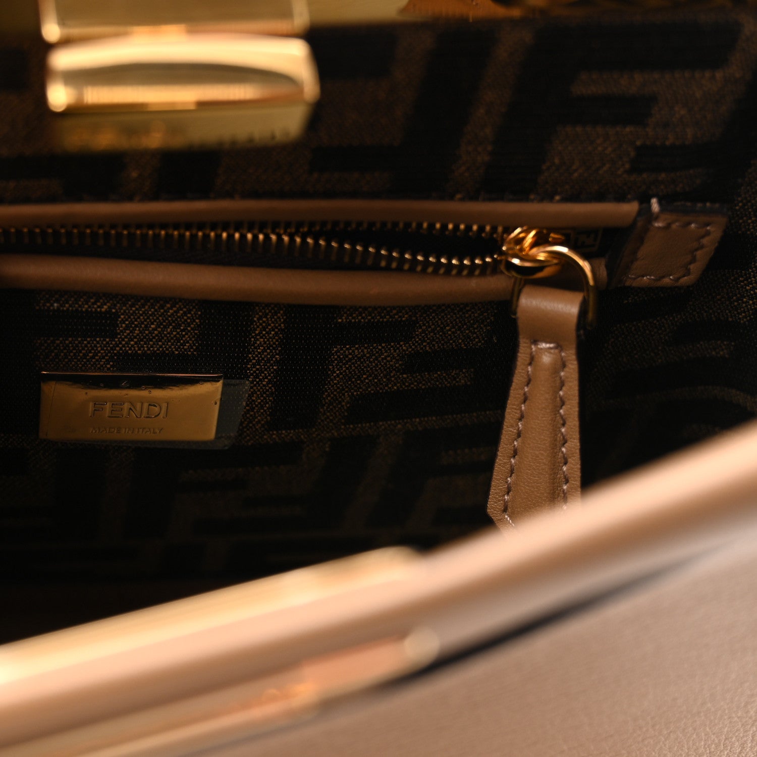 Fendi Vitello Seta Fabric Jacquard FF 1974 Mini Peekaboo Iconic Satchel Sand Tobacco Moro 6 of 9