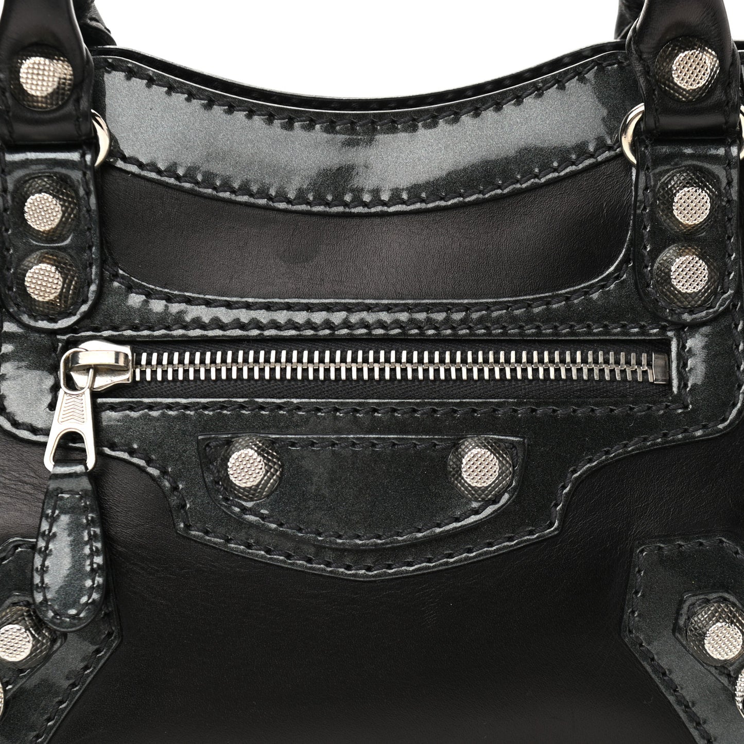 Smooth Calfskin Metallic Patent Giant 12 Silver Hardware Mini City Black Gris