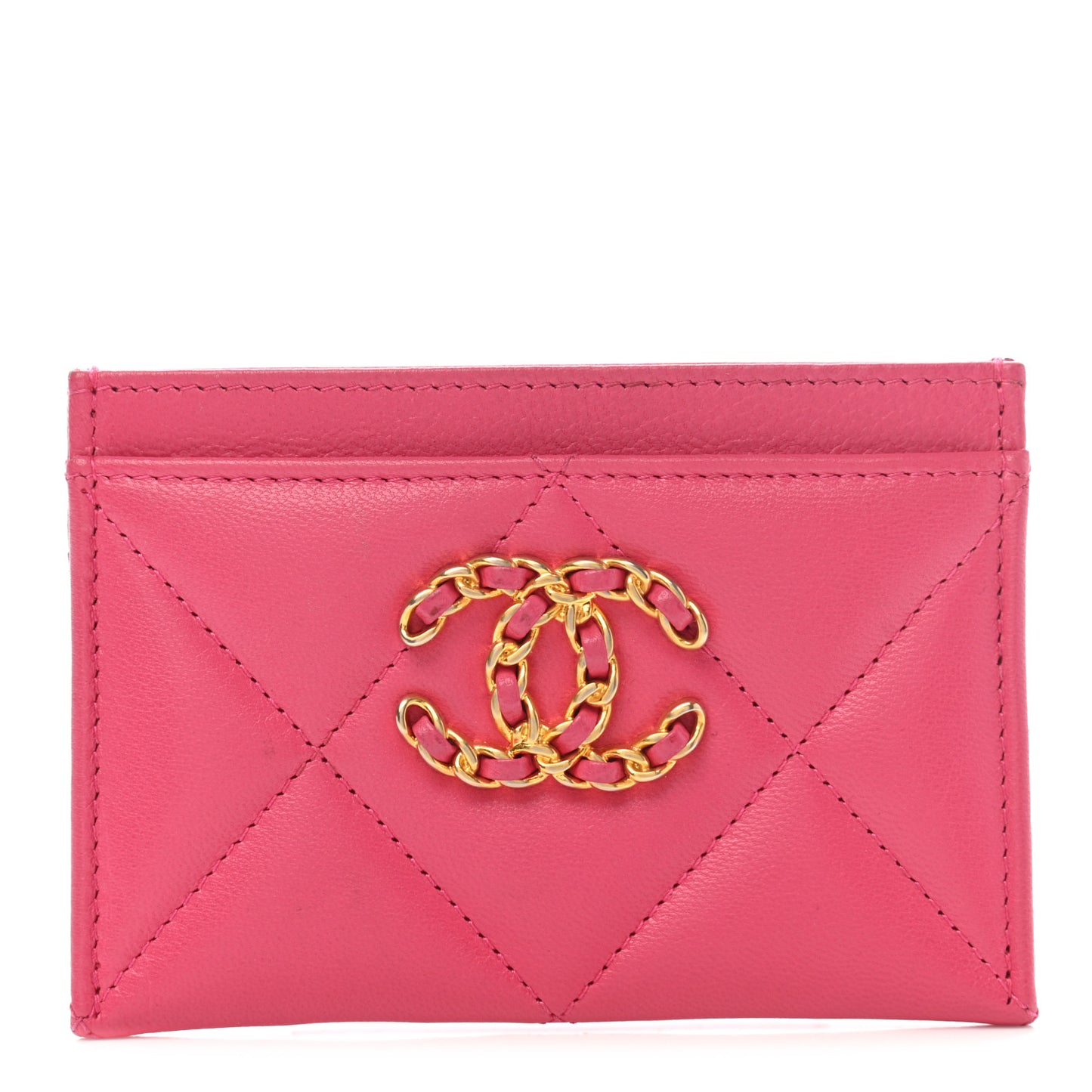 Shiny Goatskin Quilted Chanel 19 Card Holder Dark Pink