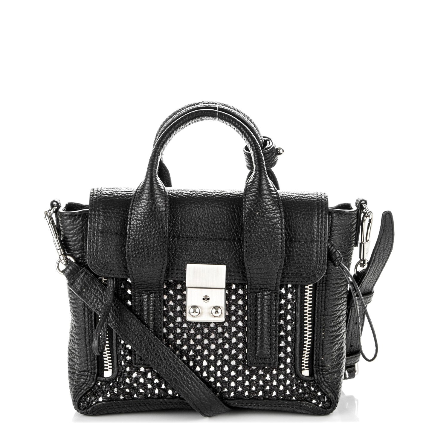 3.1 Textured Calfskin Woven Panel Mini Pashli Satchel Black Silver