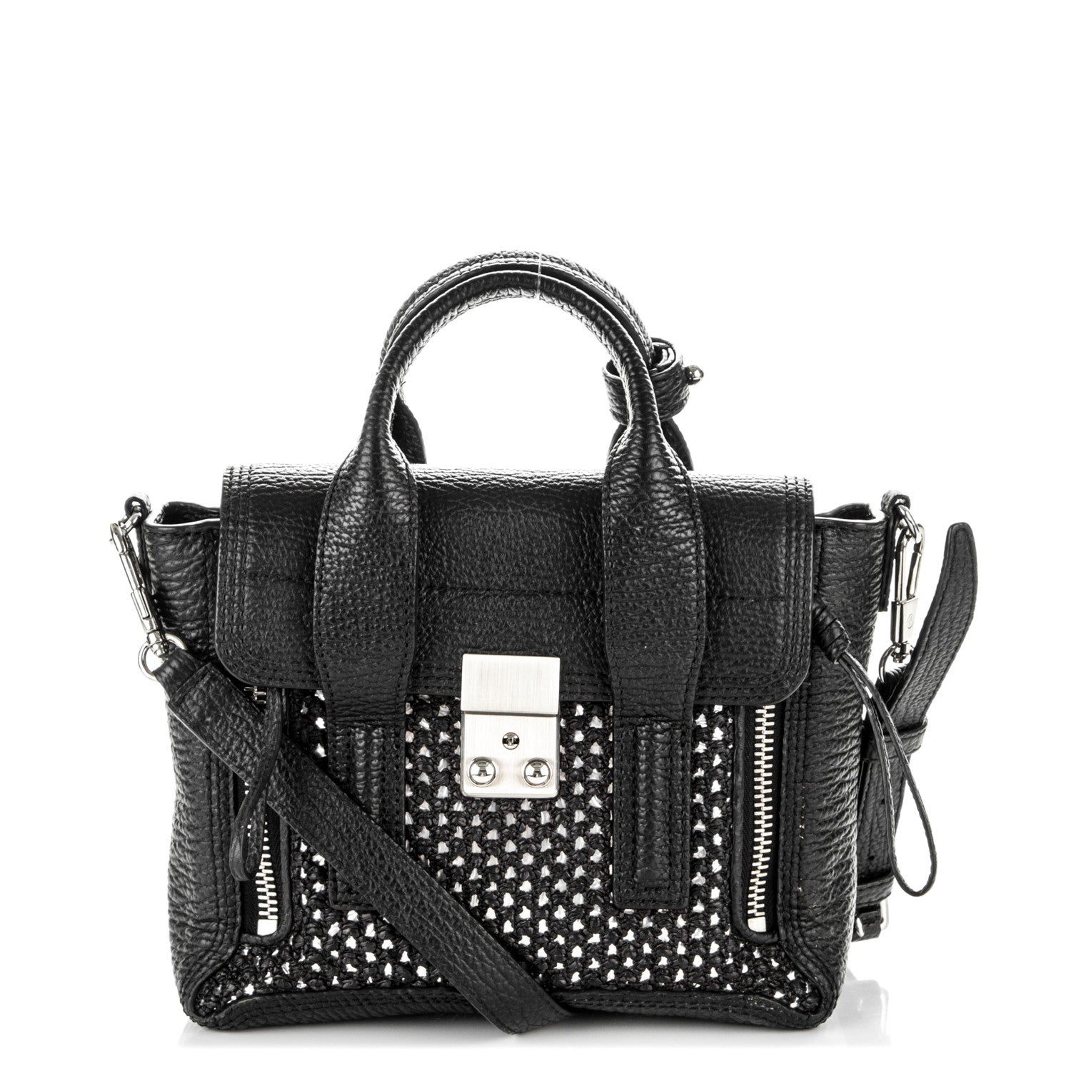 3.1 Phillip Lim 3.1 Textured Calfskin Woven Panel Mini Pashli Satchel Black Silver 1 of 8