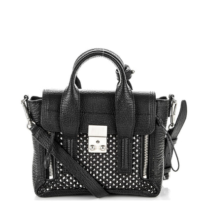 3.1 Phillip Lim 3.1 Textured Calfskin Woven Panel Mini Pashli Satchel Black Silver 1 of 8