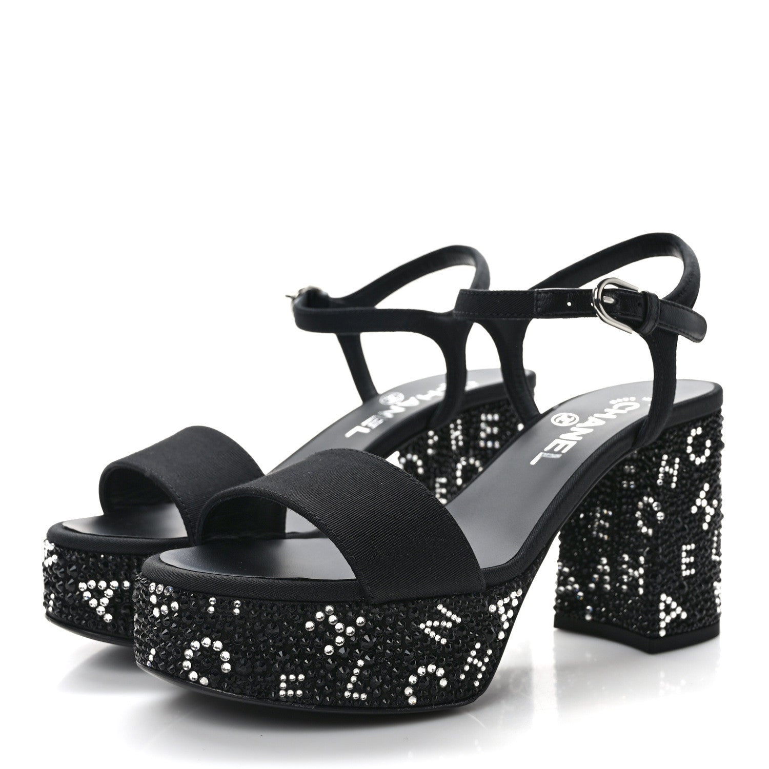 Chanel Grosgrain Strass Logo Platform Sandals 36.5 Black Silver