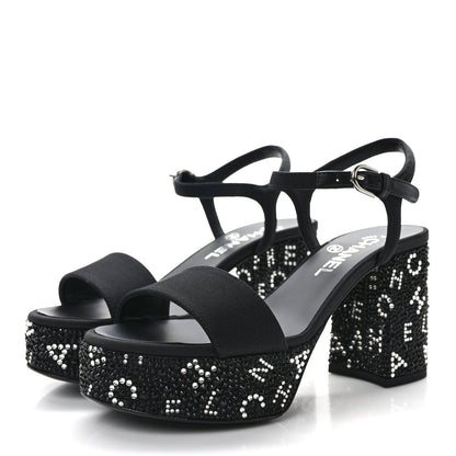 Chanel Grosgrain Strass Logo Platform Sandals 36.5 Black Silver 3 of 7