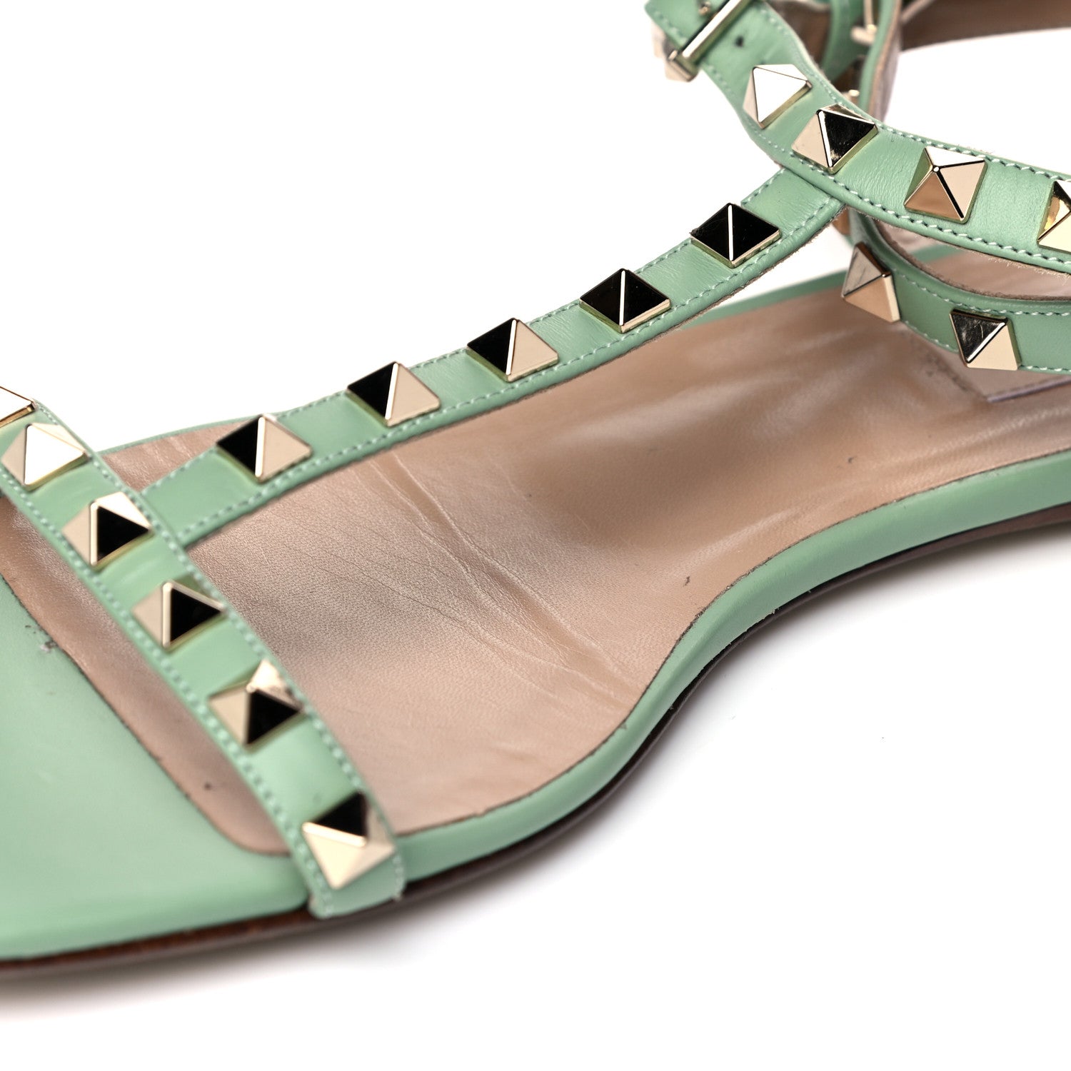 Valentino Garavani Calfskin Rockstud Ankle T-Strap Flat Sandals 39.5 Powder Green 9 of 13