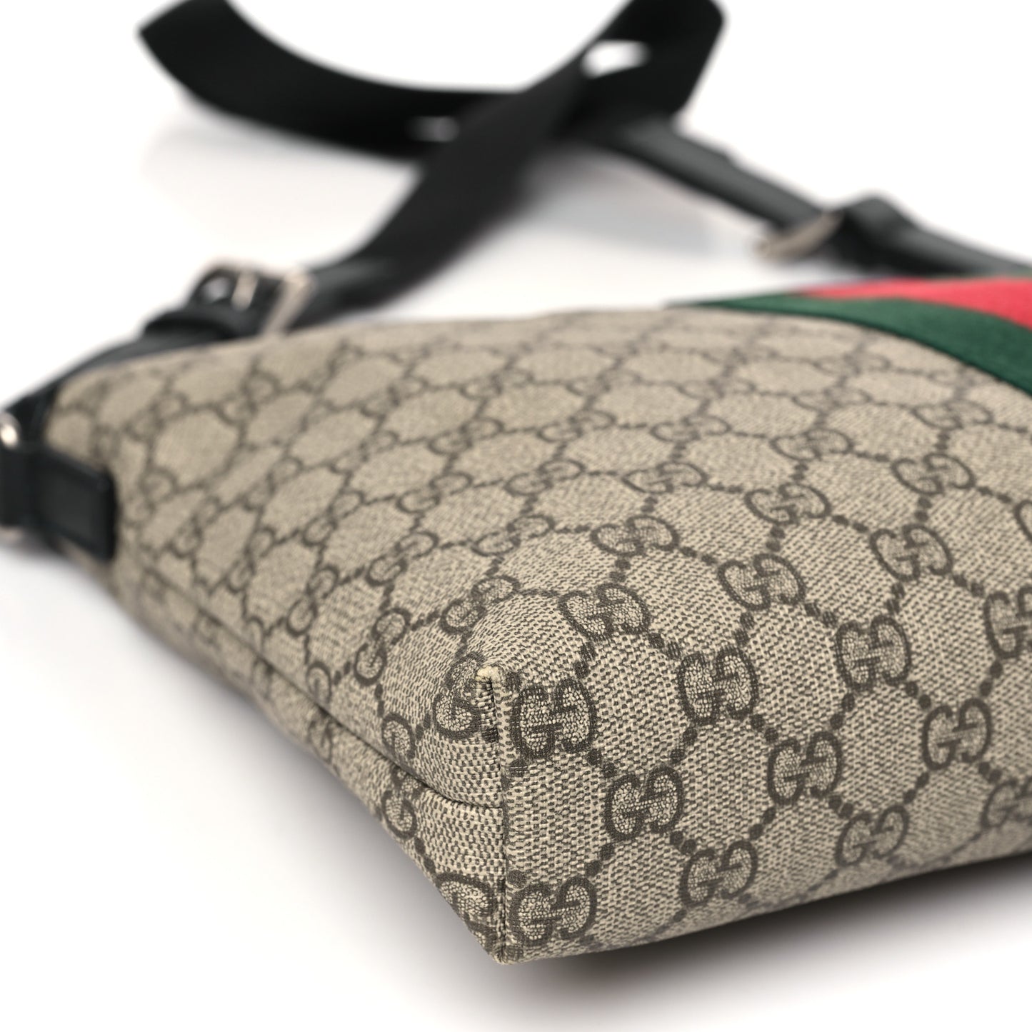 GG Supreme Monogram Calfskin Web Medium Flat Messenger Bag Beige Ebony Black