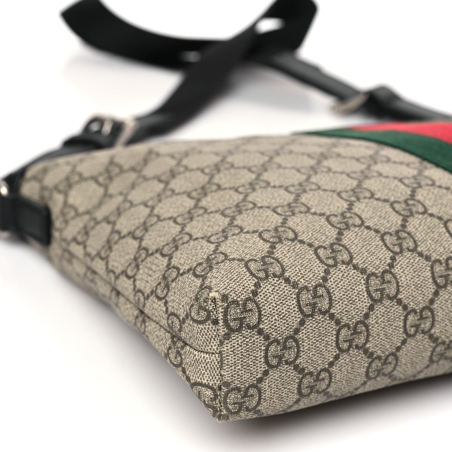 Gucci GG Supreme Monogram Calfskin Web Medium Flat Messenger Bag Beige Ebony Black 8 of 10