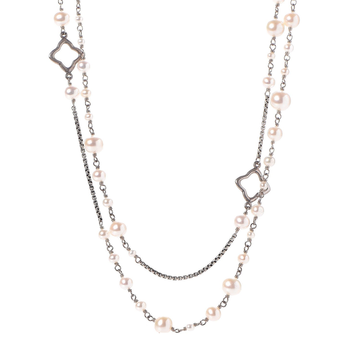 Sterling Silver Pearl 7.5mm Quatrefoil Long Chain Necklace