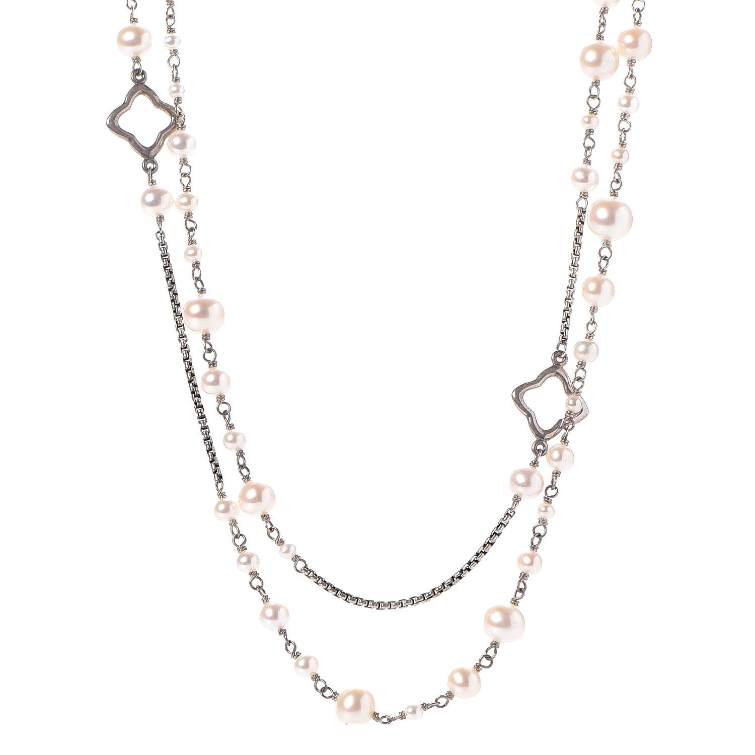 David Yurman Sterling Silver Pearl 7.5mm Quatrefoil Long Chain Necklace 1 of 5