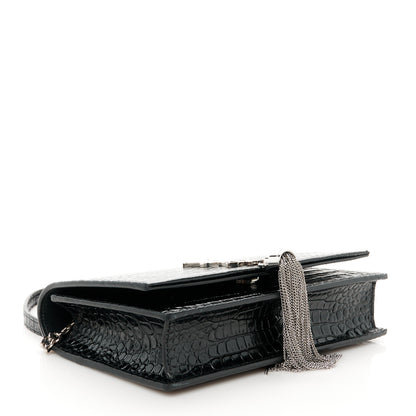 Saint Laurent Calfskin Crocodile Embossed Kate Monogram Tassel Chain Wallet Black 4 of 9