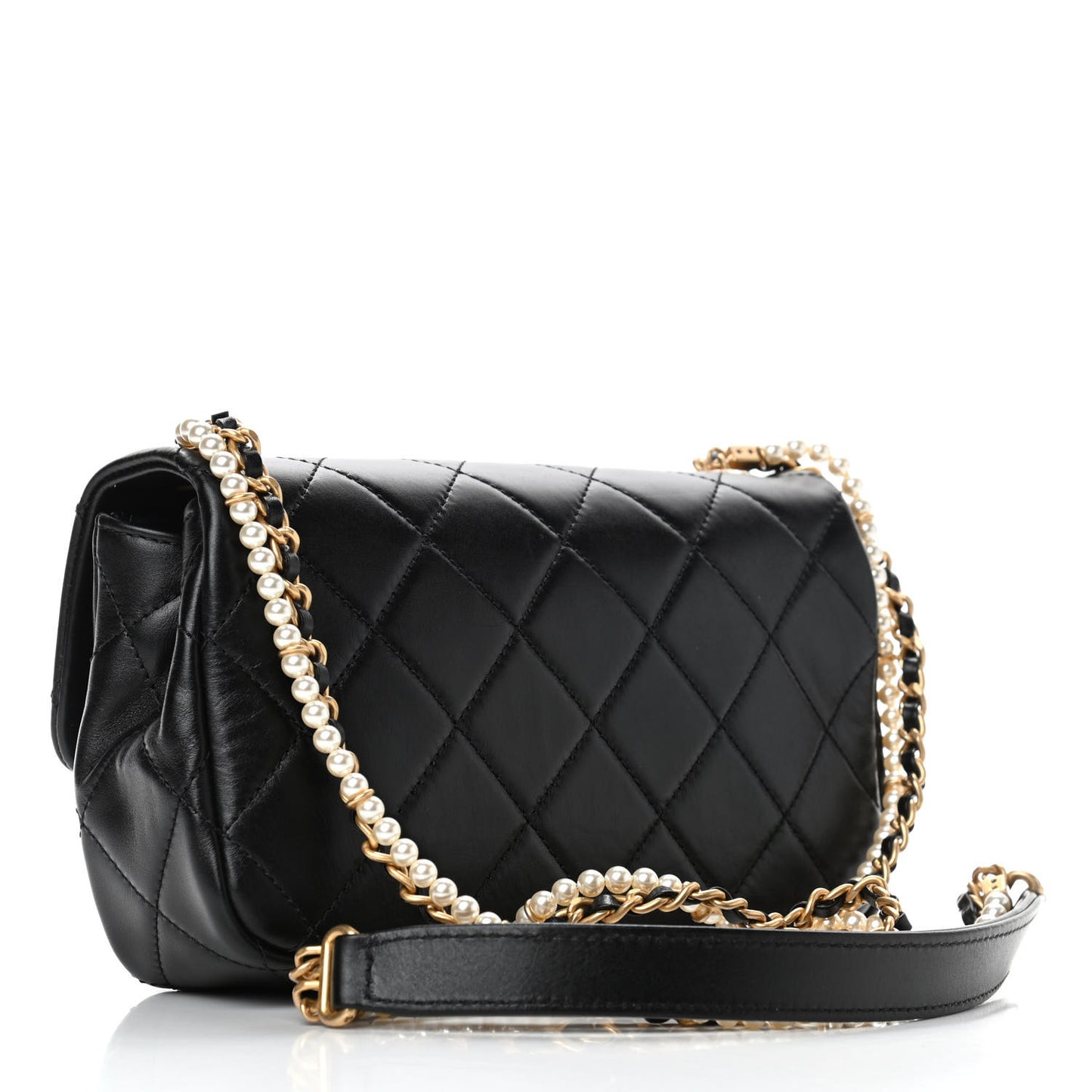 Calfskin Quilted Small Crystal Pearls Flap Bag Black
