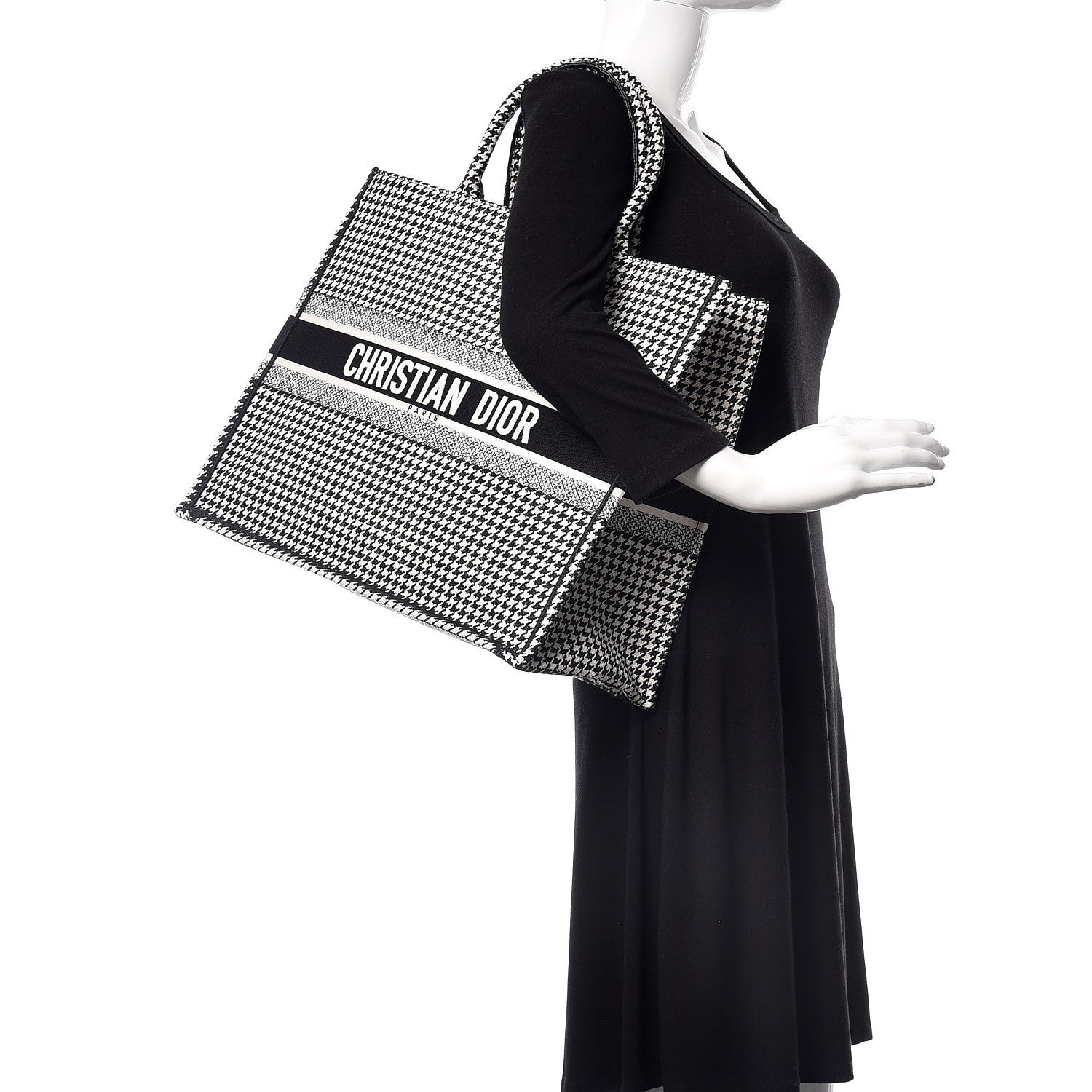 Christian Dior Canvas Houndstooth Embroidered Book Tote Black White 2 of 10