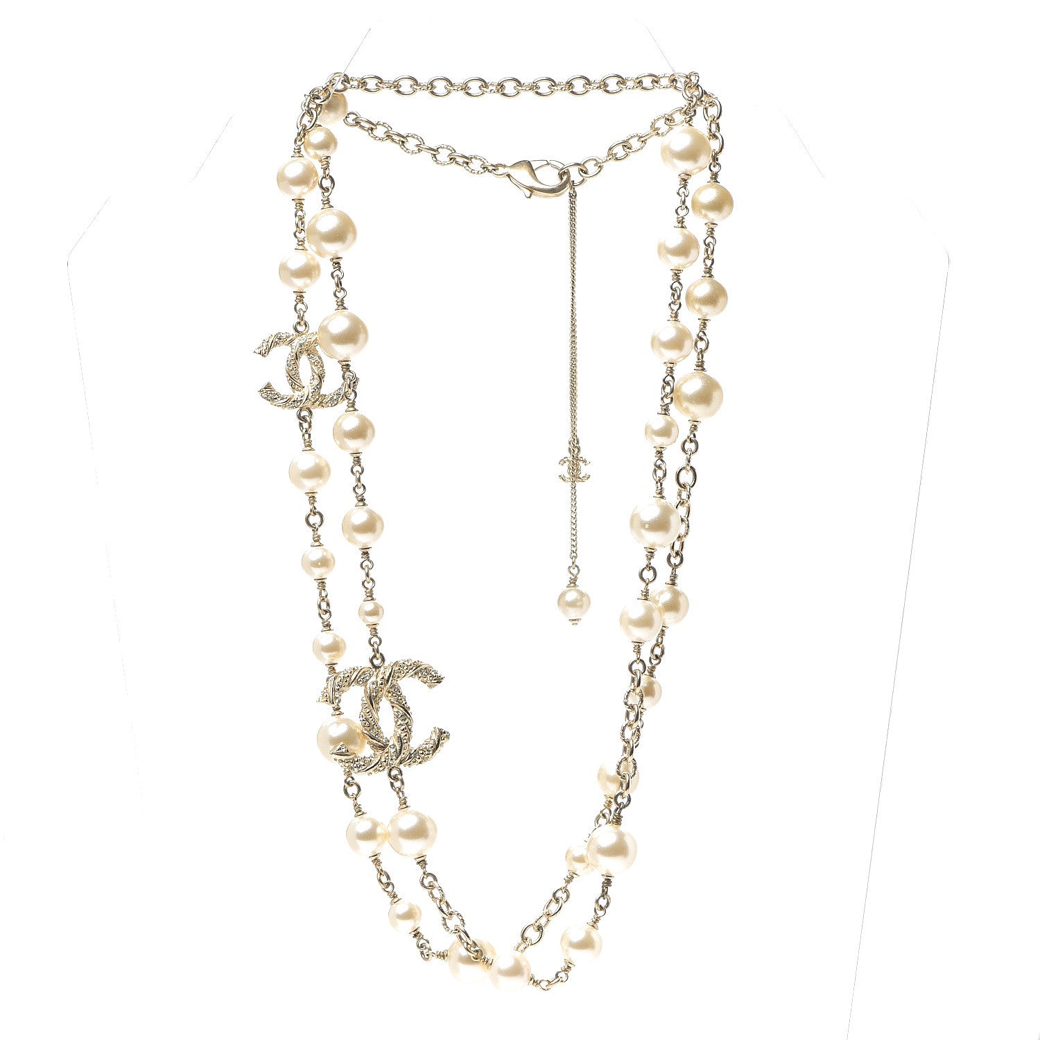 Chanel Graduated Pearl Crystal Twisted CC Long Necklace Gold 2 of 3