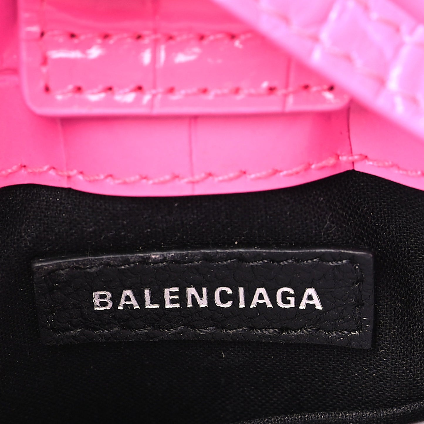 Shiny Calfskin Crocodile Embossed Logo Shopping Phone Holder Bag Pink Black