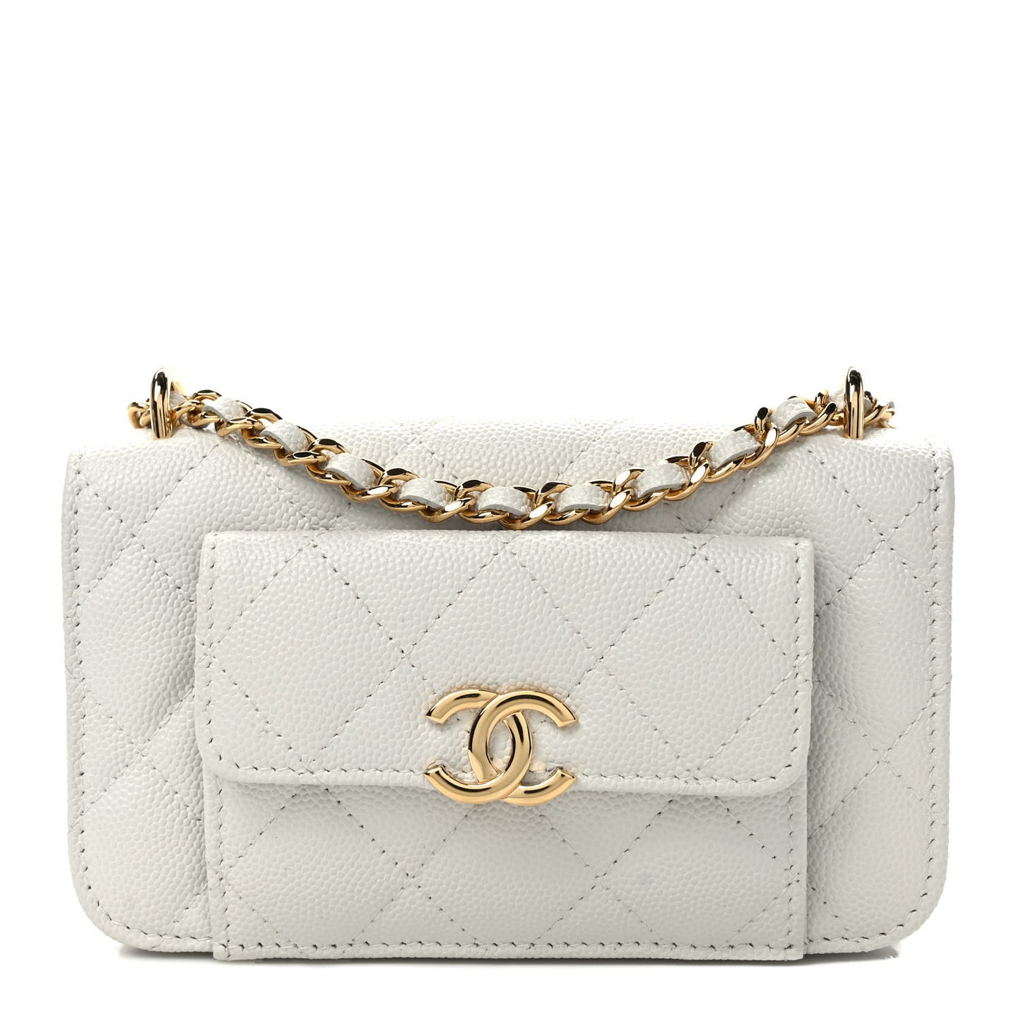 Caviar Quilted Pocket Twins Clutch With Chain White