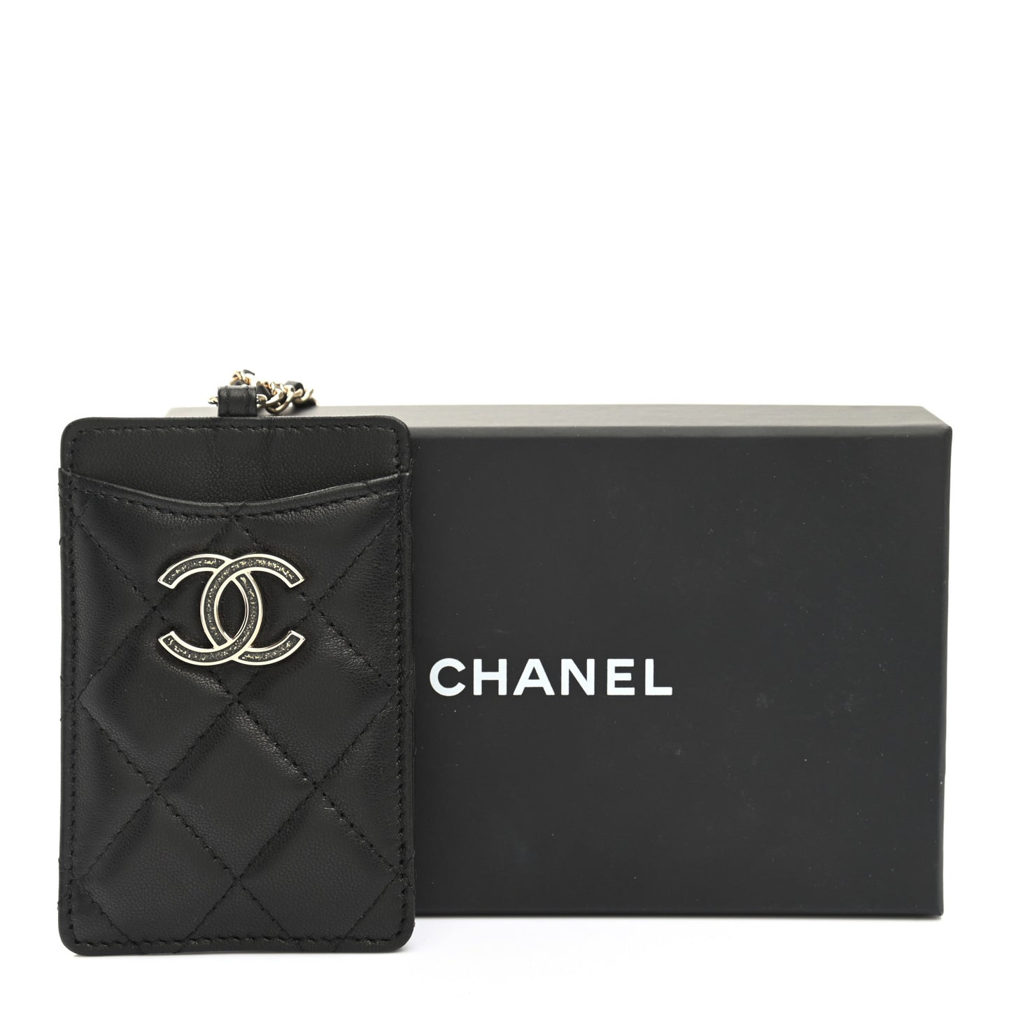 Lambskin Quilted Glitter Card Holder On Chain Black