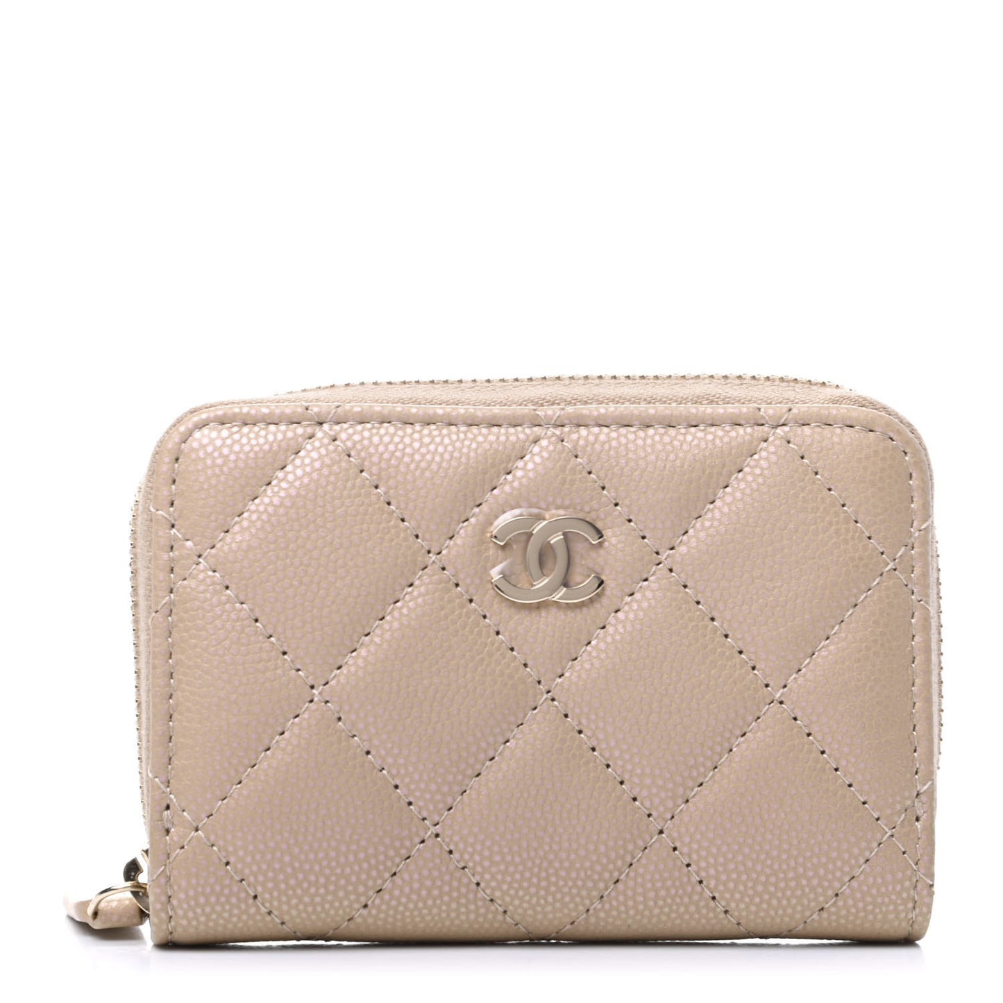 Iridescent Caviar Quilted Zip Around Coin Purse Beige