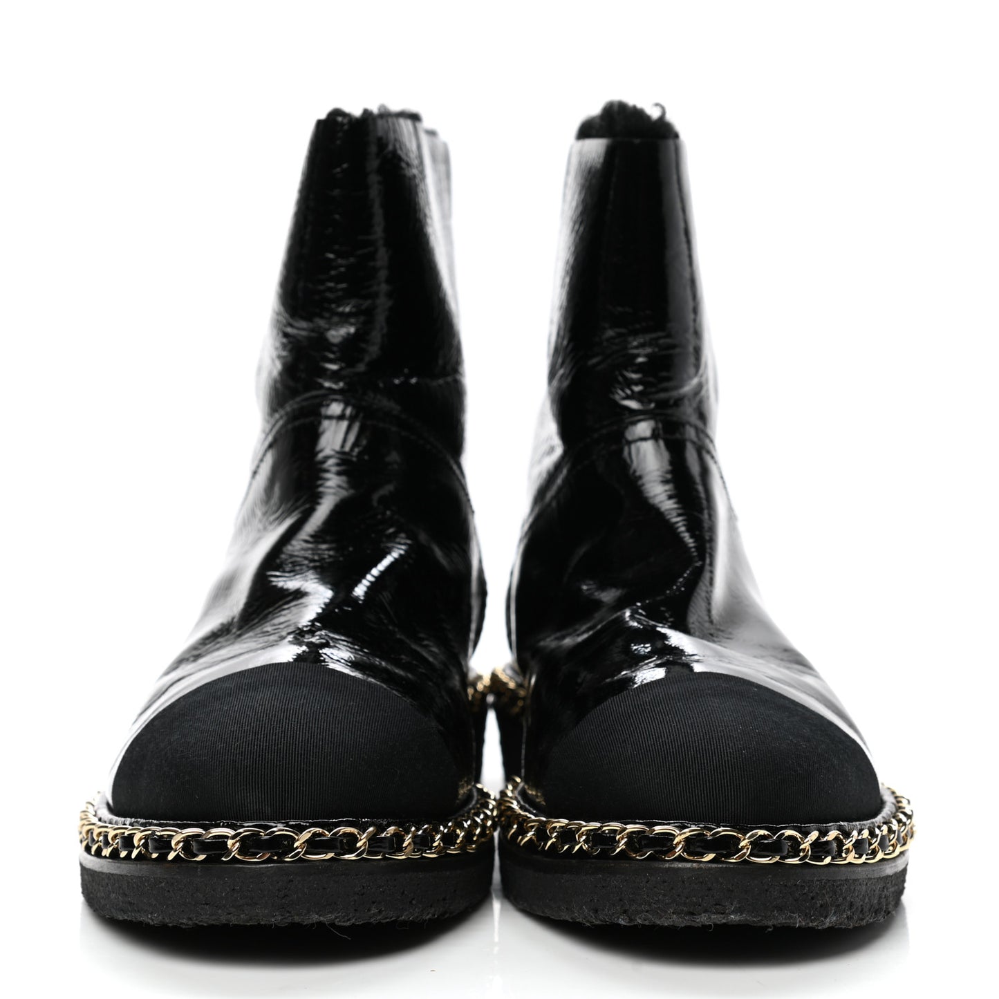 Crumpled Calfskin Shearling Womens Cap Toe Chain Short Boots 39 Black