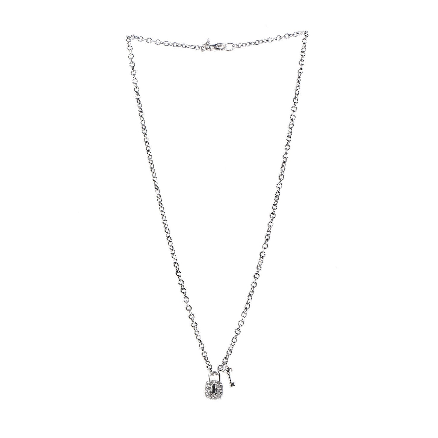 Sterling Silver Diamond Cable Collectibles Lock and Key Charm Pendant Necklace