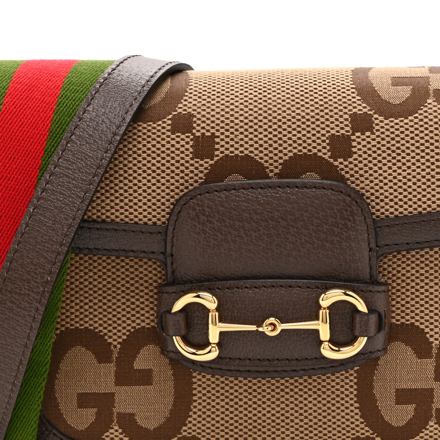 Gucci Monogram Jumbo GG Textured Dollar Calfskin Web Mini Horsebit 1955 Shoulder Bag Camel Ebony New Acero 9 of 11
