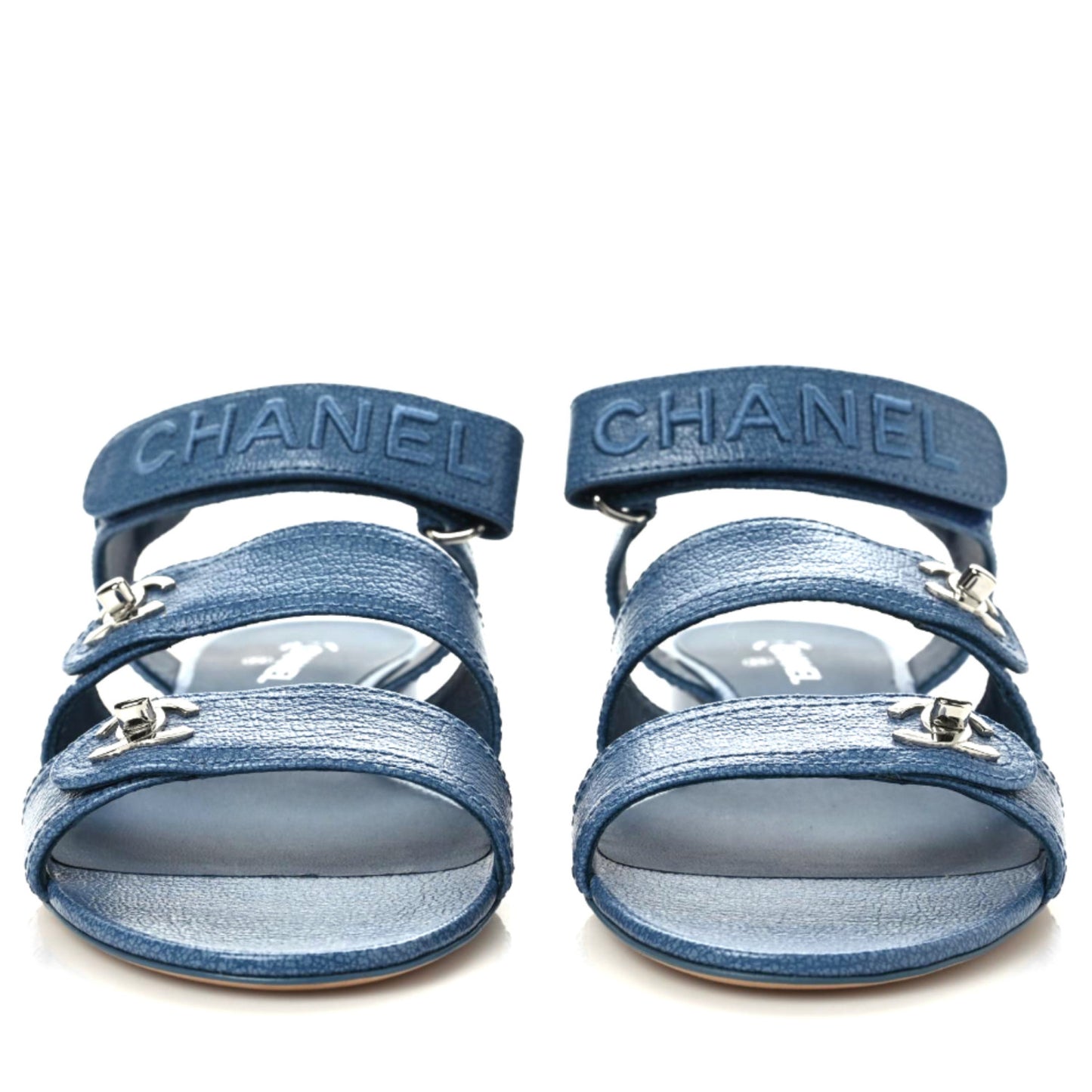 Iridescent Calfskin Logo CC Turnlock Sandals 37.5 Blue